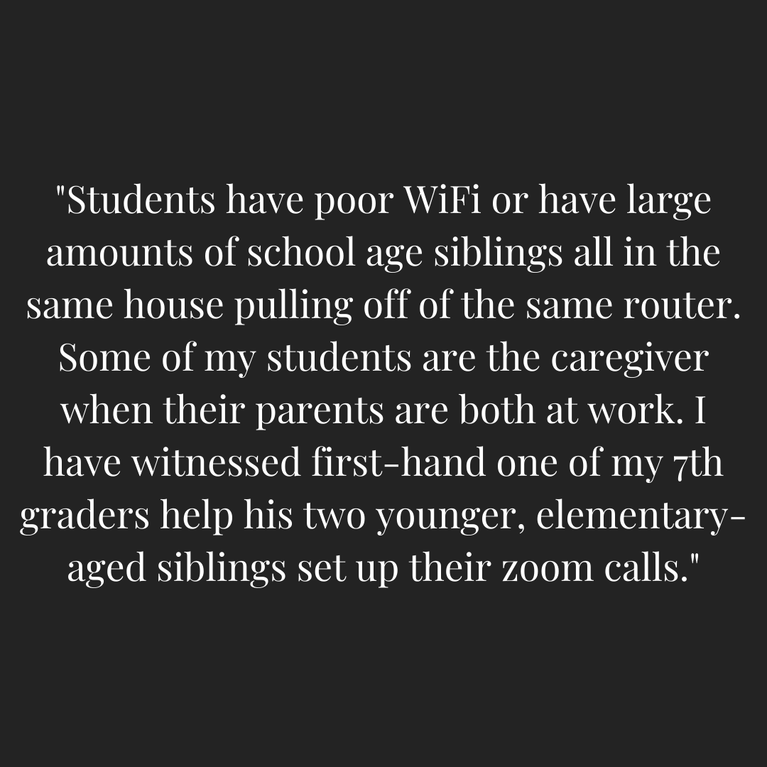 Teacher quoted - "Students have poor WiFi or have large amounts of school age siblings in the same house pulling off of the same router. Some of my students are the caregiver when their parents are both at work. I have witnessed first-hand on of my 7th graders help his two younger, elementary-aged siblings set up their zoom calls."